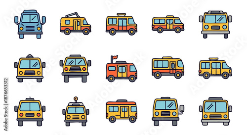 Collection of various cartoon-style buses and public transport vehicles in different colors and designs