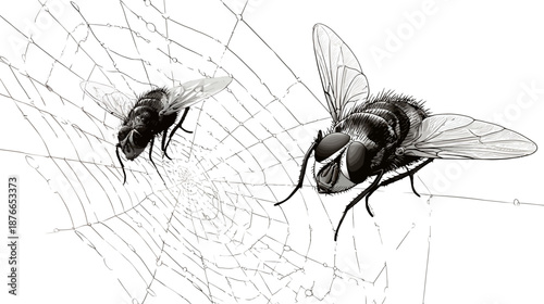 Detailed illustration of two flies on a delicate spiderweb, showcasing insect life, nature, and predator-prey dynamics in grayscale.
