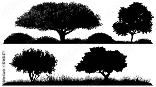 Diverse Tree and Bush Silhouettes Collection with Grass. Nature Landscape Elements for Architectural Design, Vector Graphics, and Outdoor Scenery