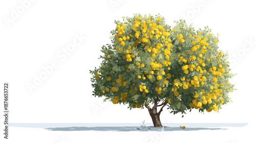 Isolated citrus fruit tree with vibrant yellow fruits and lush green leaves on a white background, a digital illustration.