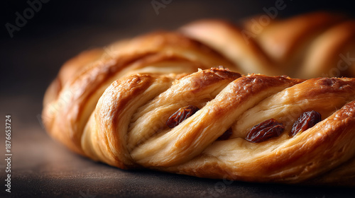 Delicious braided bread with golden crust and aromatic raisins displayed on wooden table, inviting texture creates warm atmosphere. Braided bread offers delightful taste experience for bakery lovers.