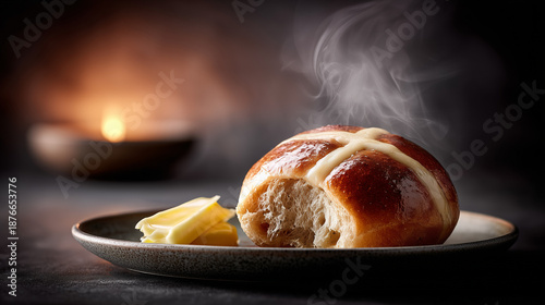 Fresh hot cross bun served on plate with butter and steaming surface, featuring light golden crust and soft texture. Hot cross bun is perfect for seasonal celebrations and family gatherings.
