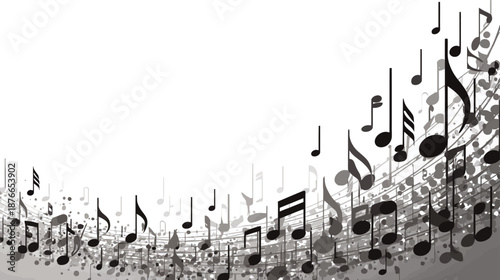 Creative abstract black and white musical notes wave design. Dynamic sound melody background with ample copy space for text.