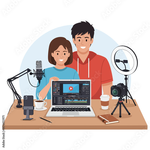 Content Creators Podcasting and Filming With Equipment