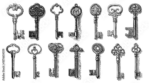 Collection of vintage ornate skeleton keys, antique etched illustration on a clean white background, historical design elements.