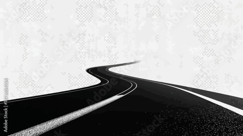 Curving black asphalt road with white double lines extending into the distance, a minimalist high-contrast perspective of a journey or path forward.