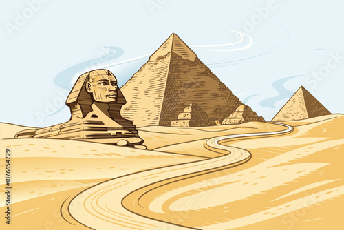Windy Desert Sands Around Sphinx Illustrat