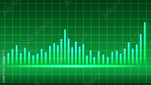 Glowing green bar graph on grid background represents data analysis and growth trends