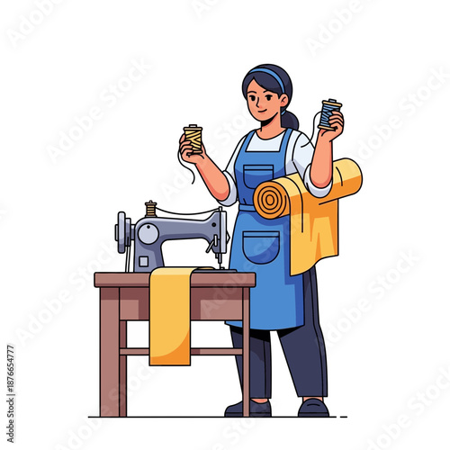 Seamstress holding thread with sewing machine and fabric