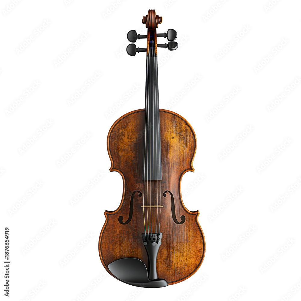 Fototapeta premium A violin is shown in a white background. The instrument is old and has a brown finish. Concept of nostalgia and the beauty of classical music