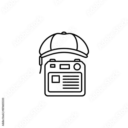 Minimalist line art icon of a camera with a baseball cap