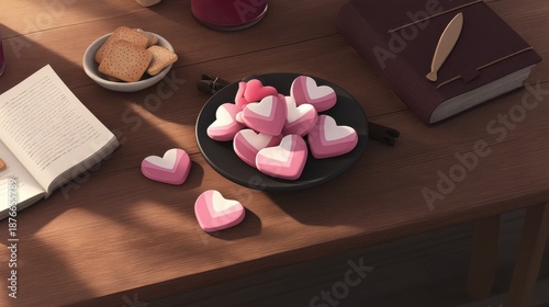 Valentine for introverts concept. Colorful heart-shaped cookies on a wooden table with a book and tea.