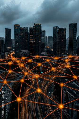 Night Cityscape with Glowing Orange Network Connections