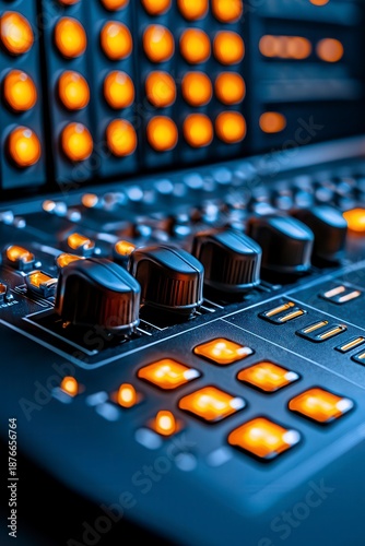 Close Up Of Audio Mixer Control Panel With Illuminated Buttons And Knobs