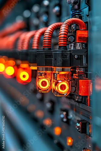 Closeup of Illuminated Orange Electrical Wiring and Connections in Industrial Setting