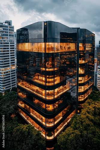 Modern Glass Office Building at Night in City