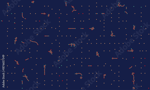 Abstract vector background featuring digital cellular automata or bacterial growth on a dark grid. Scientific visualization of microbiology data, biotechnology algorithms, and viral spread patterns.