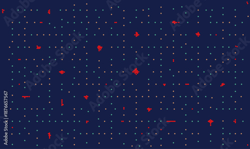 Futuristic digital data vector background with abstract grid of dots and red clusters representing system anomaly, complex algorithm, technology matrix, or nanotechnology structure for web design.