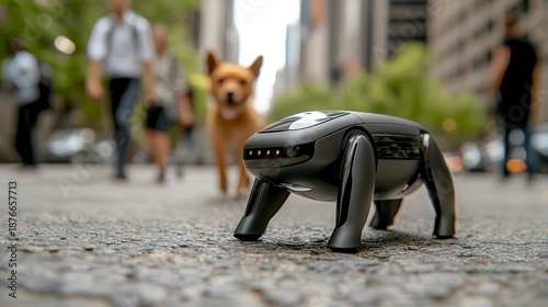 Black Quadruped Robot Walking on City Street with Dog and People in Background