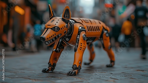 Robotic Dog in Urban Setting Orange Metal Android in Blurred City Street