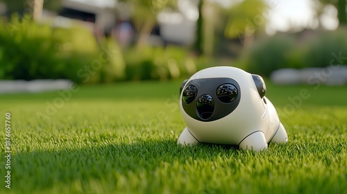 Cute White and Black Robotic Pug Toy on Green Grass