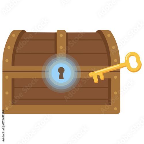 固く閉ざされた木製の宝箱と、宙に浮く黄金の鍵のイラストです。青白く光る鍵穴は、セキュリティの解除や新しい可能性、ビジネスにおける解決策の発見を象徴しています。カチャッと鍵が開く瞬間の高揚感と、未来への希望を表現したデザインです。