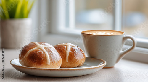 Hot cross buns served with coffee and plant on window sill. Hot cross buns are freshly baked with glazed topping on white plate beside cup of coffee. Ideal for Easter celebrations, breakfast recipes,