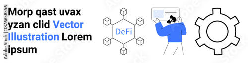 Hexagonal blockchain network with DeFi text, gear icon, and a person examining data emphasizes decentralized finance, collaboration, and process optimization. Ideal for tech, finance, future