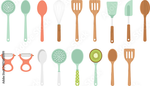 Colorful kitchen utensils set, cooking spoons, spatulas, whisks, peelers, ladles, modern flat design tools for cooking, baking and food preparation