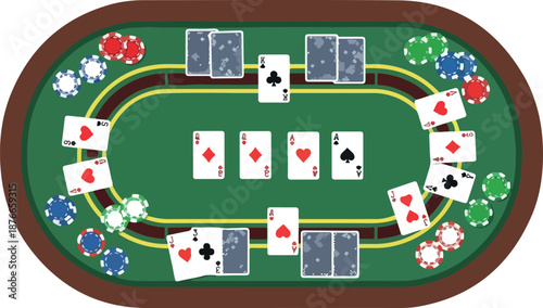 Poker Game Table Top View with Cards and Chips Illustration