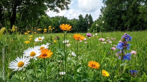 Vibrant Wildflowers Blooming in Lush Green Meadow under Blue Sky