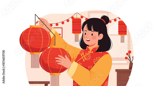 Flat vector illustration of a Chinese woman hanging red lanterns at home, festive Chinese New Year decoration activity symbolizing happiness, tradition, and seasonal celebration