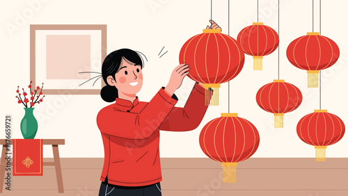 Flat vector illustration of a Chinese woman hanging red lanterns at home, festive Chinese New Year decoration activity symbolizing happiness, tradition, and seasonal celebration