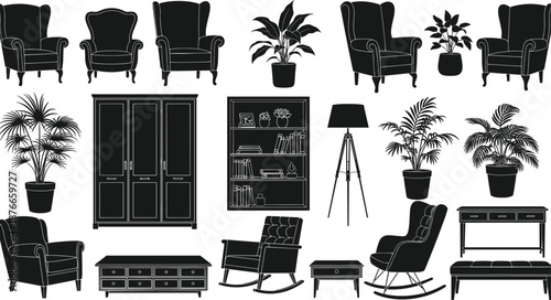 Home interior furniture silhouette set with armchairs, rocking chairs, plants, wardrobe, bookshelf, lamp, tables, benches, vector illustration