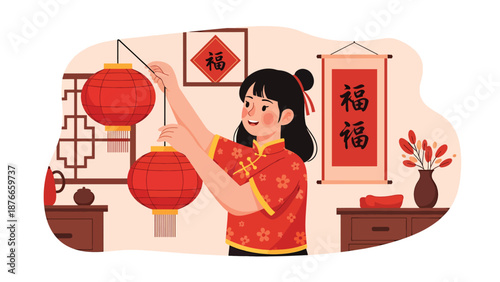 Flat vector illustration of a Chinese woman hanging red lanterns at home, festive Chinese New Year decoration activity symbolizing happiness, tradition, and seasonal celebration