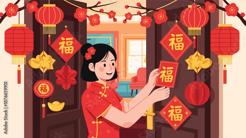 Vector illustration of a Chinese woman placing red couplets on a doorway, traditional Chinese New Year home decoration activity in clean flat vector style