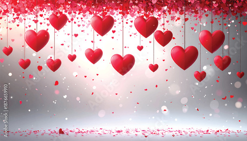 Floating red heart decor for romantic sales banner background. Valentine hanging love symbols with sparkle for promo design. Festive heart confetti scene for wedding marketing poster