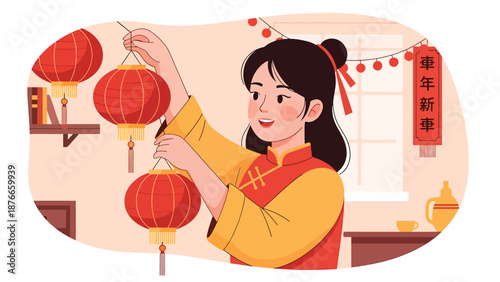 Flat vector illustration of a Chinese woman hanging red lanterns at home, festive Chinese New Year decoration activity symbolizing happiness, tradition, and seasonal celebration
