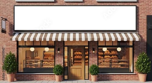 Charming Bakery Facade with Blank Signage and Striped Awning.