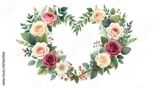 Compact floral heart wreath, clean middle for headline text. Romantic rose arrangement, premium invitation background. Greenery bouquet framelet, commercial banner artwork