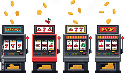 Casino Slot Machine Icons Set with Falling Coins for Gambling and Winning