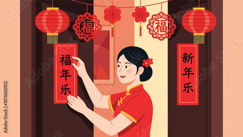 Vector illustration of a Chinese woman placing red couplets on a doorway, traditional Chinese New Year home decoration activity in clean flat vector style