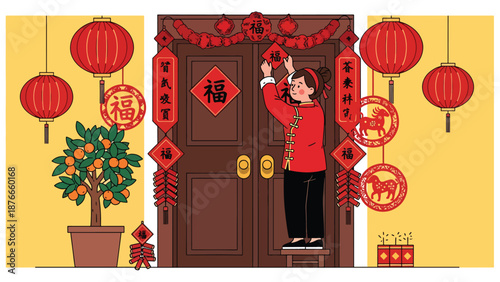 Vector illustration of a Chinese woman placing red couplets on a doorway, traditional Chinese New Year home decoration activity in clean flat vector style