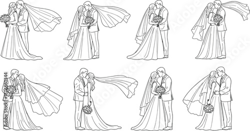 Romantic wedding couple line art illustration set, bride and groom posing, elegant bridal veil drawings, marriage ceremony romantic artwork