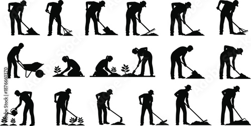 Silhouette gardeners working with tools, digging, raking, planting, watering plants, farming and gardening activity poses, agriculture worker illustration