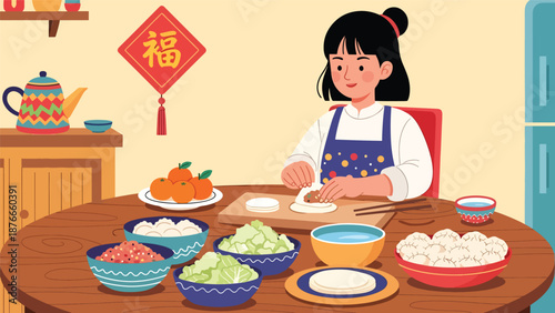 Flat vector illustration of a Chinese woman making dumplings in the kitchen, traditional Chinese New Year food preparation and family celebration concept