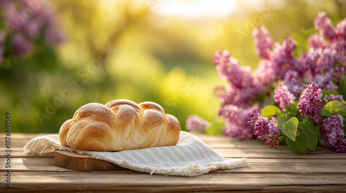 Freshly baked bread on wooden table surrounded by blooming lilacs in soft sunlight. Bread is beautifully shaped and placed on linen cloth. Concept of outdoor dining and spring gatherings.