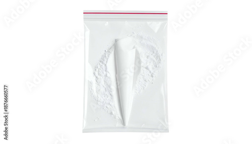 A clear plastic bag with red-sealed top containing a white powdery substance and a folded cone