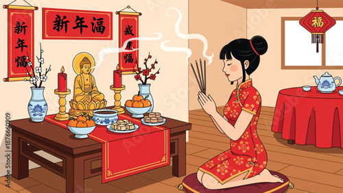 Vector illustration of a Chinese woman offering incense at a home altar, respectful Chinese New Year tradition and cultural celebration activity