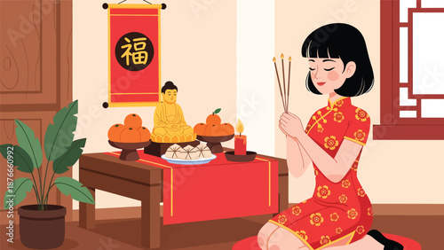 Vector illustration of a Chinese woman offering incense at a home altar, respectful Chinese New Year tradition and cultural celebration activity